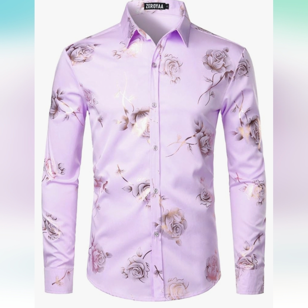 Lavender hipster button down with gold 3D roses size Men's medium
